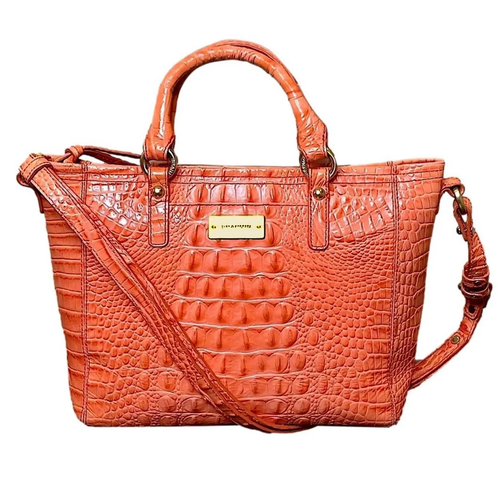 BRAHMIN Croc Embossed Leather Rolled Top Handle Tangerine Satchel Shoulder Bag